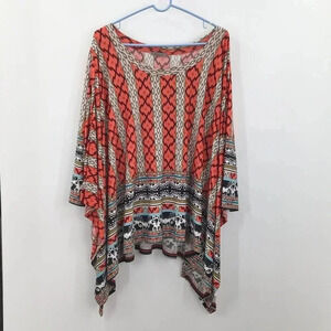 Women's West Kei Poncho Top 2X Cover Up Lagenlook Boho Handkerchief Hem Orange